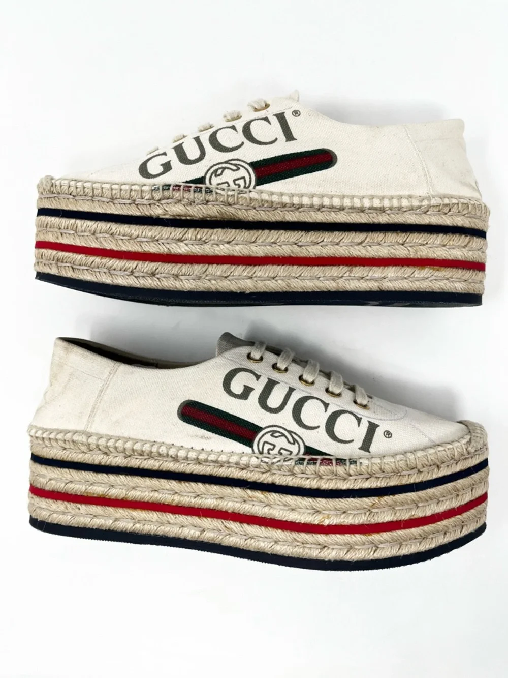 Gucci Vintage GG Logo Canvas Platform Espadrilles Espadrille Sneakers Ivory 39 9